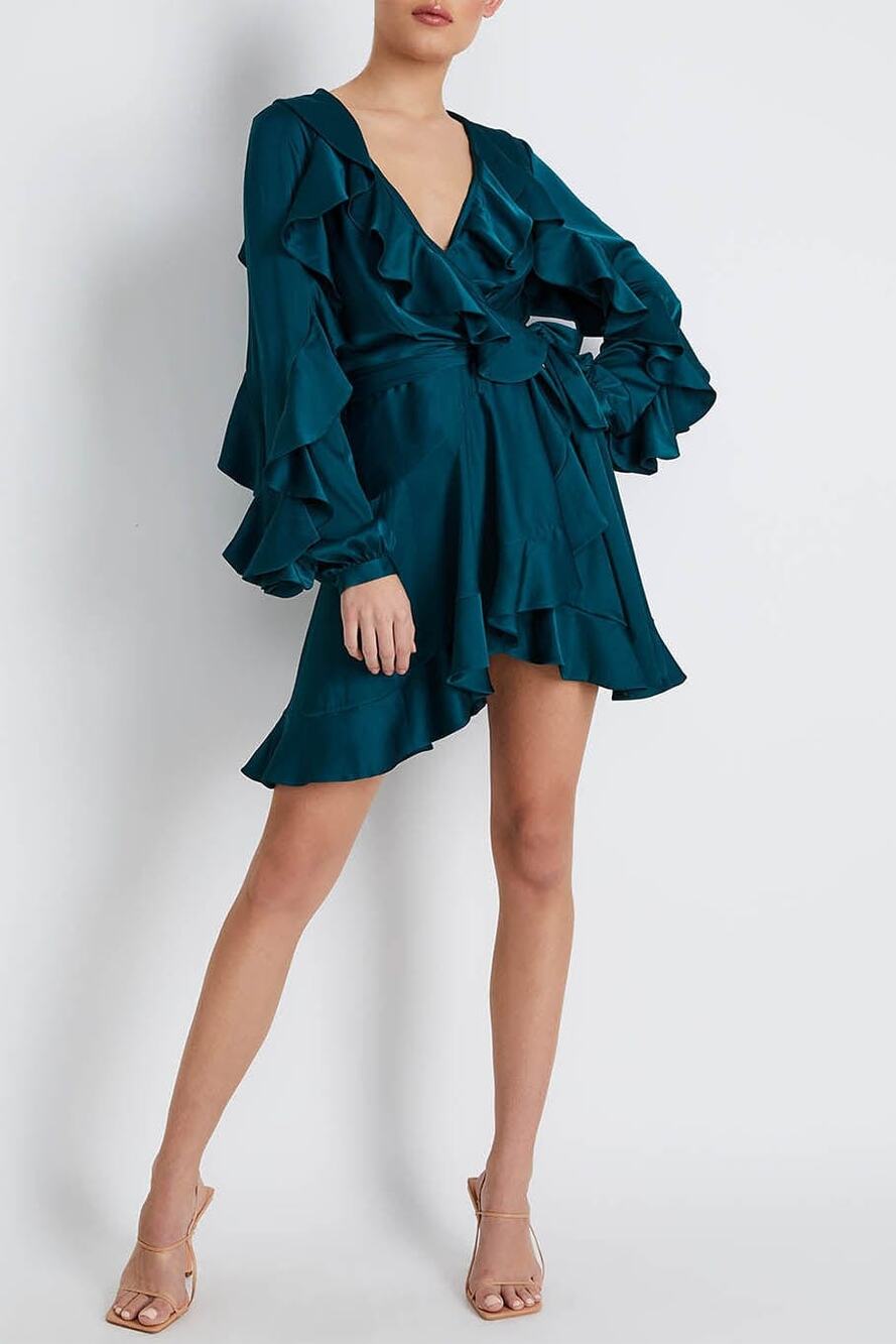 Patbo Womens Ruffle Sleeve Mini Wrap Dress in Prussian Green 4